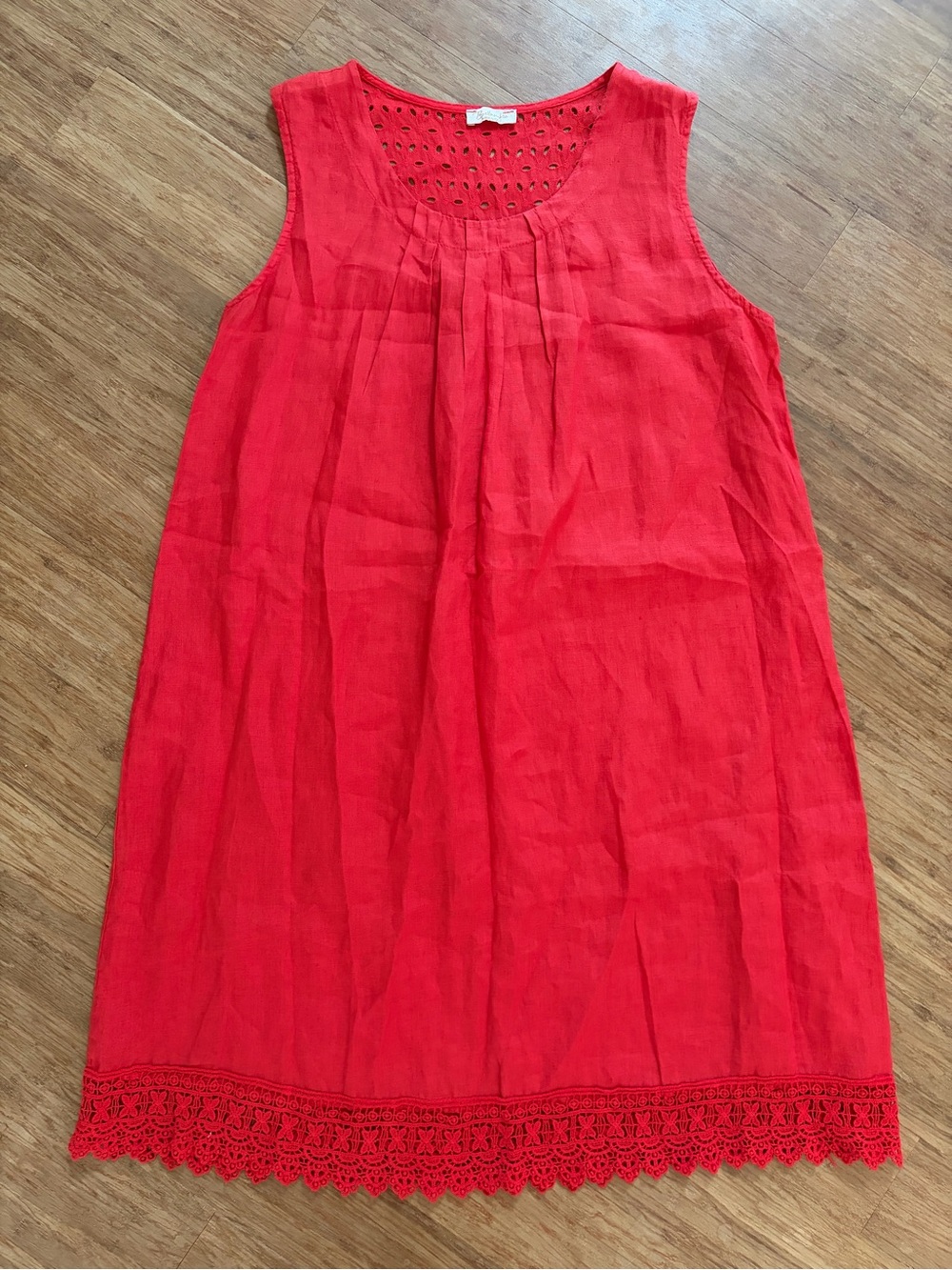 Bellambra Italy Red 100% Linen Eyelet Lace Trim Sleeveless Dress - Fits L/XL